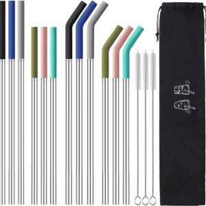 HuaQi Stainless Steel Metal Straws with Silicone Tips Set of 10